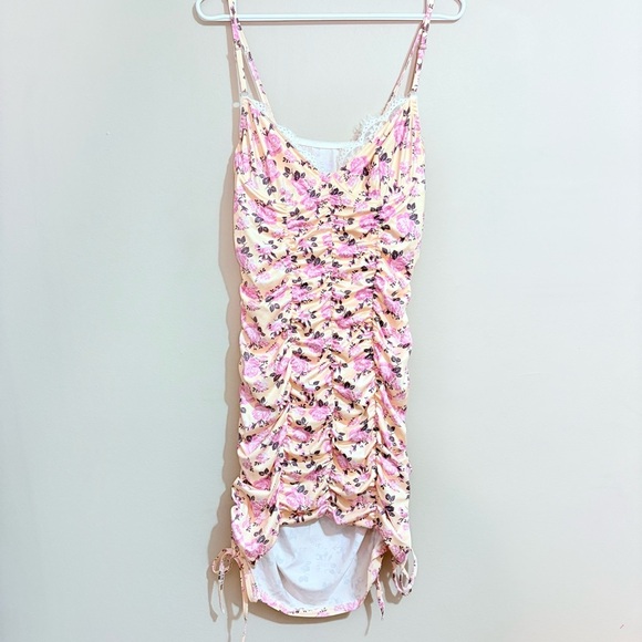 Ruched Cream Mini Dress w Pink Floral & Lace Trim Bustier Underwire - Picture 1 of 14